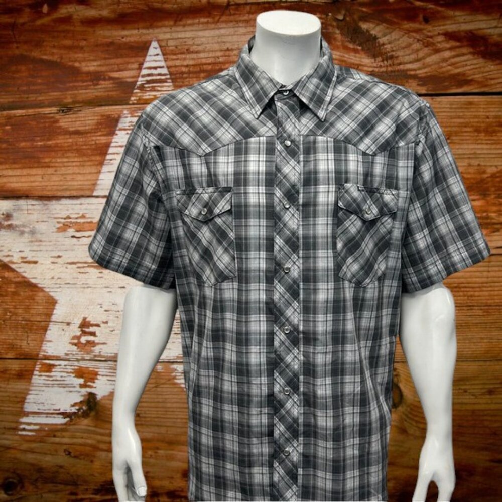 Wrangler Western Gray White Plaid Pearl Snaps Short Sleeve Men's Shirt Size 2XL